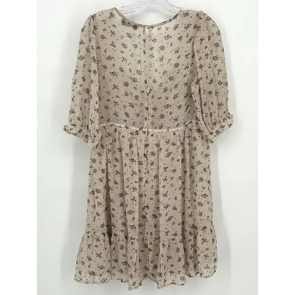 Trixxi Boho Floral Ruffle Mini Dress Beige Sheer Puff Sleeve Women’s Large - Picture 2 of 13